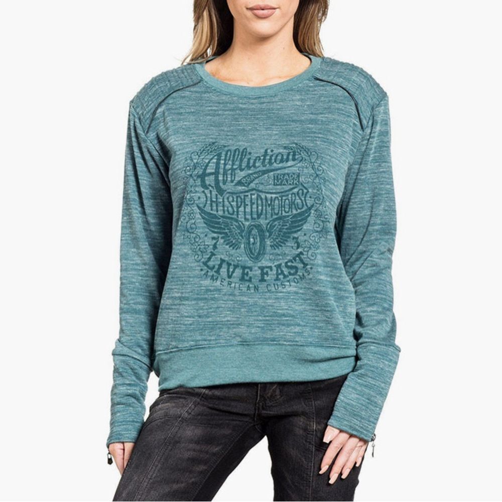 Affliction Y2K Blue Long Sleeve Pullover Zipper Detail Top Graphic Tee